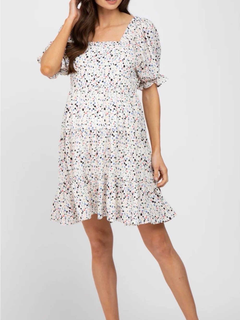 Maternity Smocked Square-Neck Floral Tiered Mini Dress - White Multi